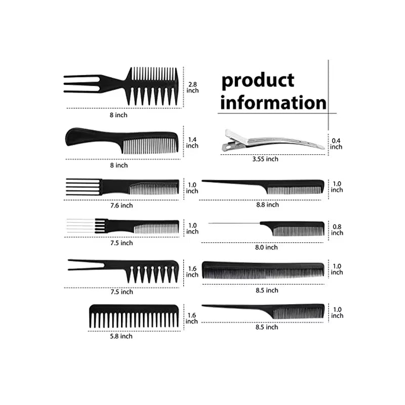 New 10Pcs/Lot Black Makeup Comb Set Styling Hairdressing Comb in 10 Designs Barber Training Tail Combs Salon Haircut Comb